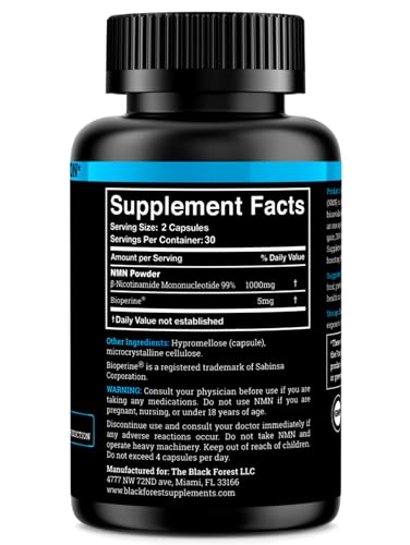 Black Forest NMN Supplements 1000mg (Nicotinamide Mononucleotide) 99% Pure, Stabilized Form, BioPerine® for Enhanced Bioavailability (60 Capsules) (NMN 1000mg per Serving) NAD Supplement for NAD Black ForestBuy Supplements Australia