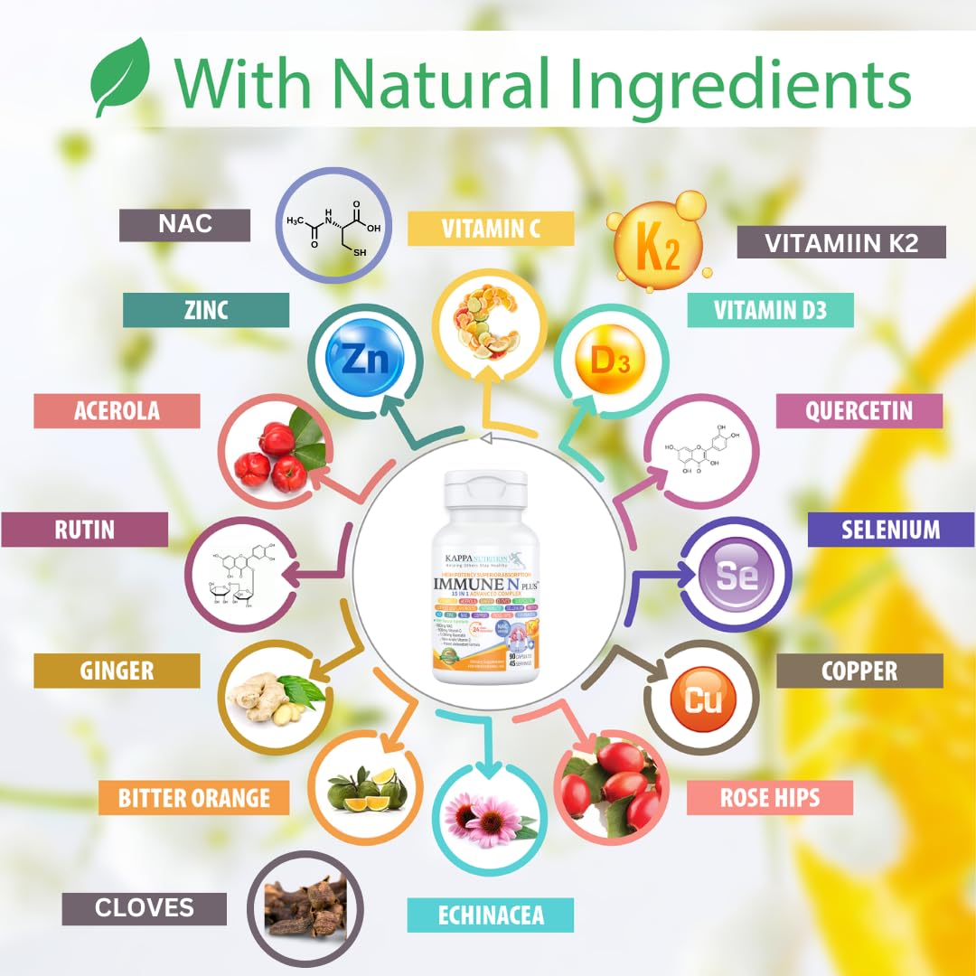 (90 Capsules), NAC 600mg, Quercetin 1,000mg, Vitamin C 500mg, Zinc 50mg, Vitamin D3 5,000iu, Selenium, Copper, Acerola, Ginger, Rutin, Citrus Bioflavonoids, Rose Hips, Echinacea, Immune N Plus 15 in 1 KAPPA NUTRITIONBuy Supplements Australia
