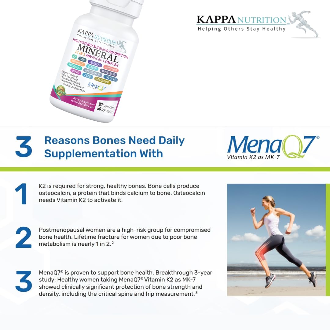 KAPPA NUTRITION (90 Capsules,Vitamin K2, Vitamin D3, Zinc, Selenium, Vanadium, Copper, Manganese, Potassium, Molybdenum, Calcium, Chromium, Iodine, Boron, Mineral 13 in 1 Advanced Complex, from KAPPA NUTRITIONBuy Supplements Australia