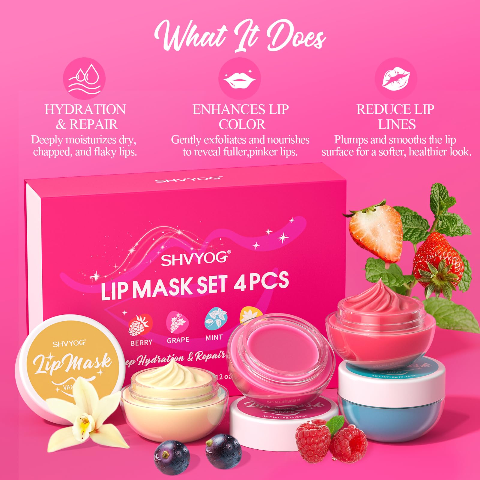 4 Pack Lip Mask Set, Hydrating Lip Mask Overnight - Berry, Grape, Mint, Vanilla Flavors, Lip Sleeping Mask Nourish Lip Balm with Vitamin C & Shea Butter | Dry Lips Care Gift SHVYOGBuy Supplements Australia