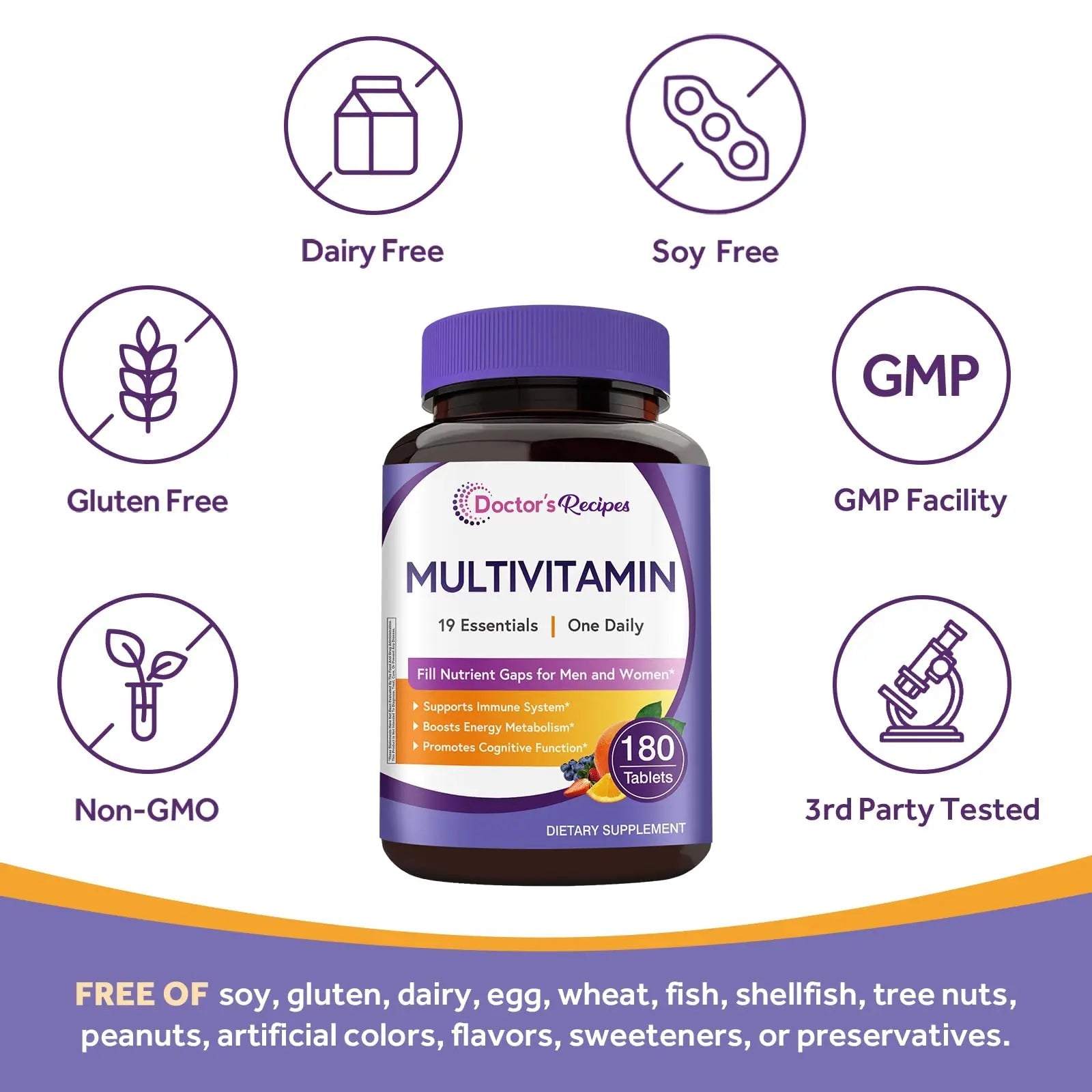 Doctor's Recipes Multivitamin for Women & Men, Immune, Energy & Brain Health Support, Vitamin A, C, D3, E, B6, B12, Folic Acid Doctor's Recipes