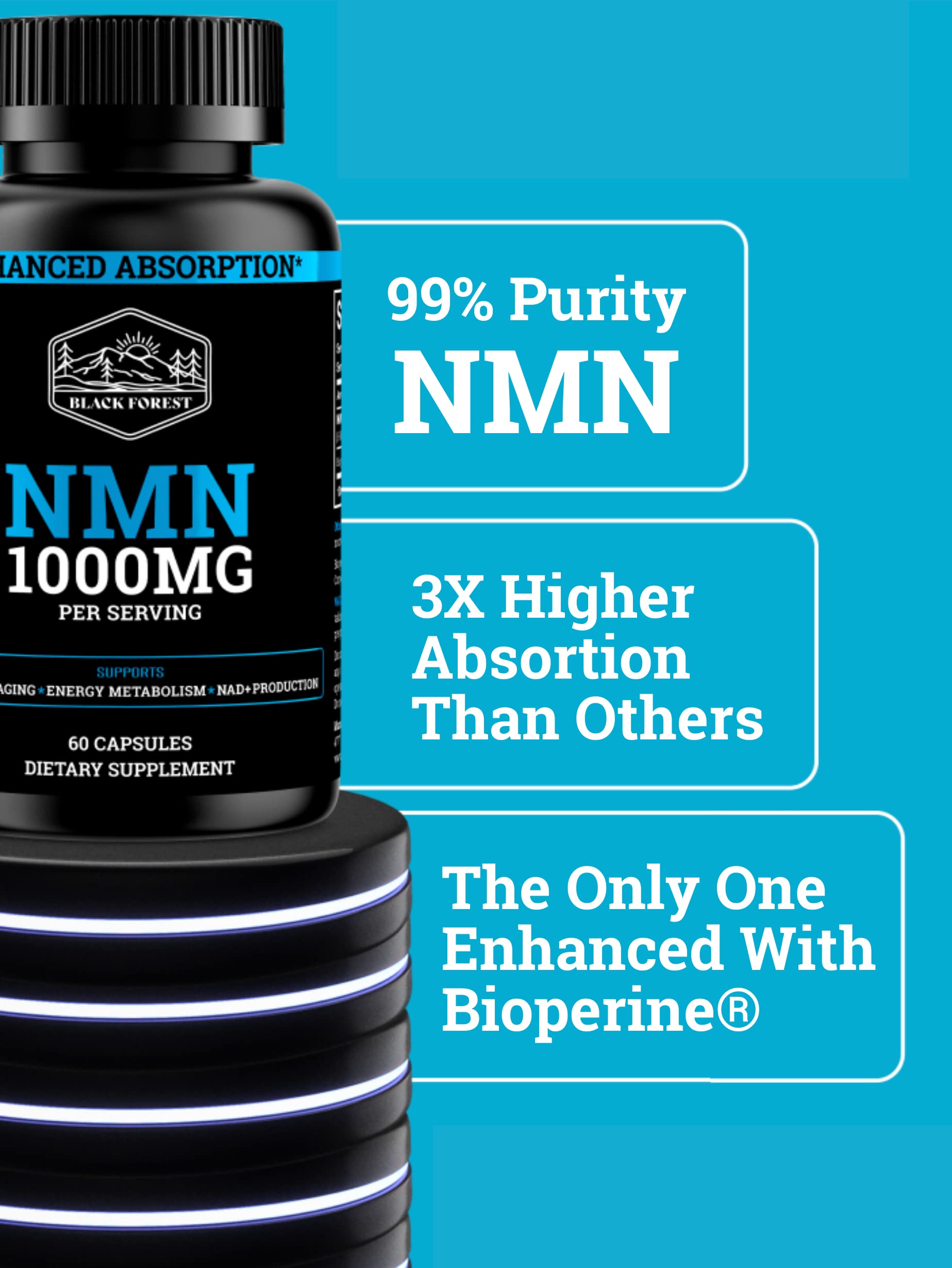 Black Forest NMN Supplements 1000mg (Nicotinamide Mononucleotide) 99% Pure, Stabilized Form, BioPerine® for Enhanced Bioavailability (60 Capsules) (NMN 1000mg per Serving) NAD Supplement for NAD Black ForestBuy Supplements Australia
