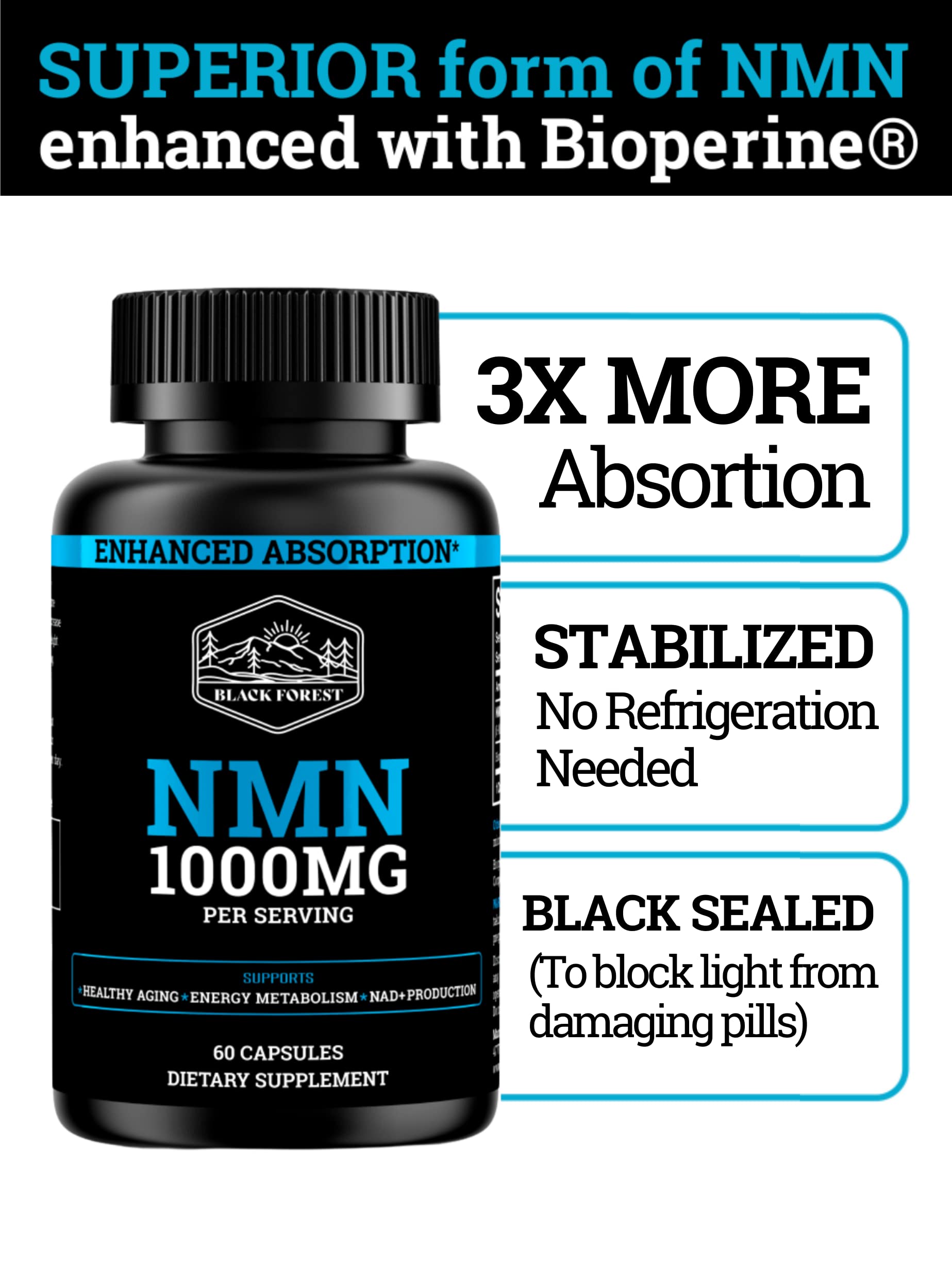 Black Forest NMN Supplements 1000mg (Nicotinamide Mononucleotide) 99% Pure, Stabilized Form, BioPerine® for Enhanced Bioavailability (60 Capsules) (NMN 1000mg per Serving) NAD Supplement for NAD Black ForestBuy Supplements Australia