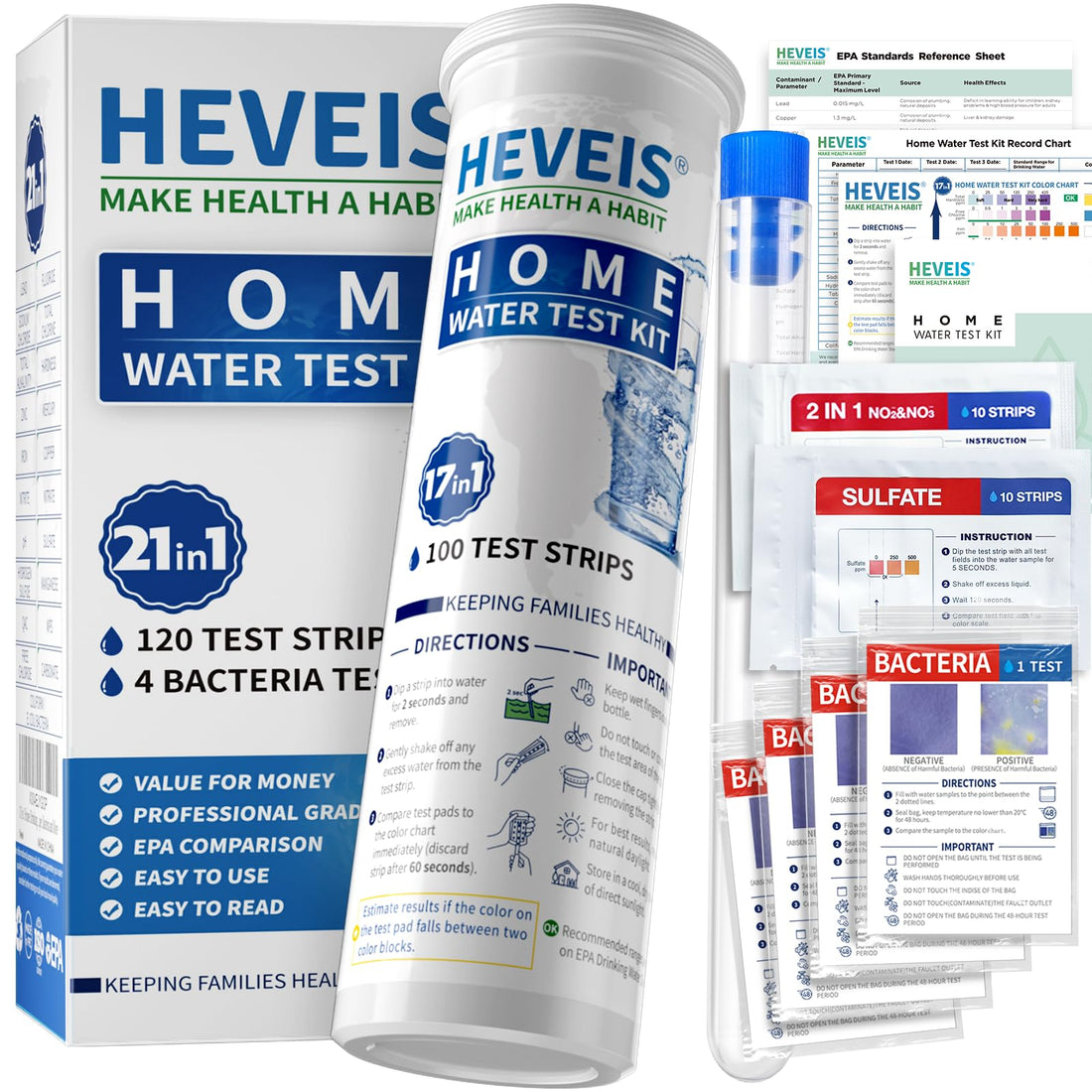 21-in-1 Home Drinking Water Testing Kit - 120 Strips + 4 Bacteria Tests - Tap and Well Water Test Kit, Easy to Test and Read for Hardness, Lead, Iron, Fluoride, pH, Copper, Bacteria and More HEVEISBuy Supplements Australia