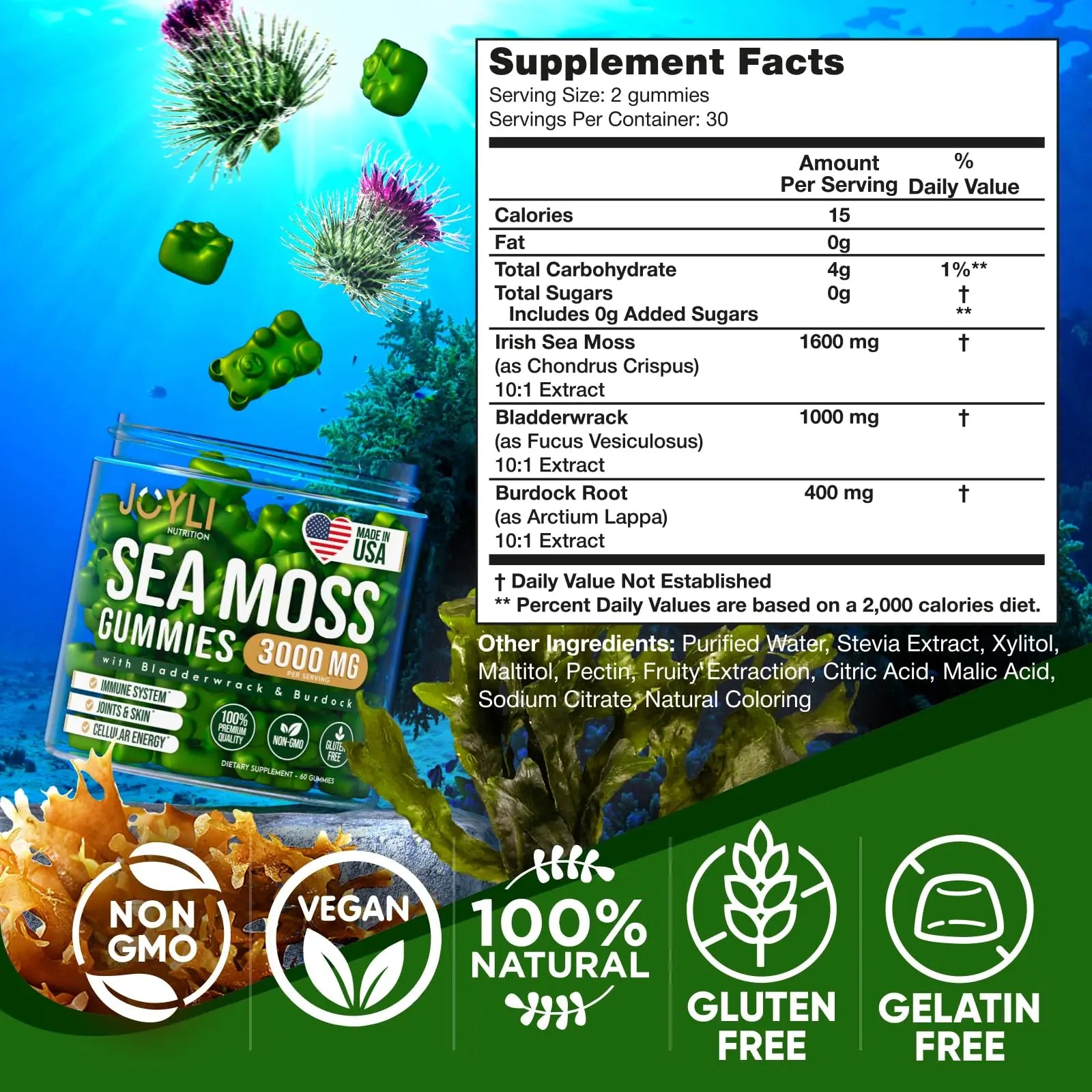 Sea Moss Gummies - Irish Seamoss Gummies for Adults & Kids - Advanced Superfood Supplement with Natural Sea Moss Gel, Bladderwrack & Burdock Root Extract - 60 Vegan Irish Moss Gummy Bears JOYLI NutritionBuy Supplements Australia