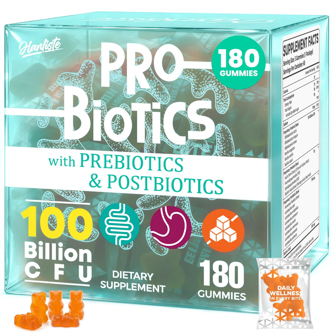 (180 Count) Probiotic Gummies, 19 in 1 Prebiotics Postbiotic Probiotic Gummies, 100 Billion CFU Probiotics for Women Men, Complete Immune, Gut & Digestive Support*, Sugar Free, Vegan HanlisteBuy Supplements Australia
